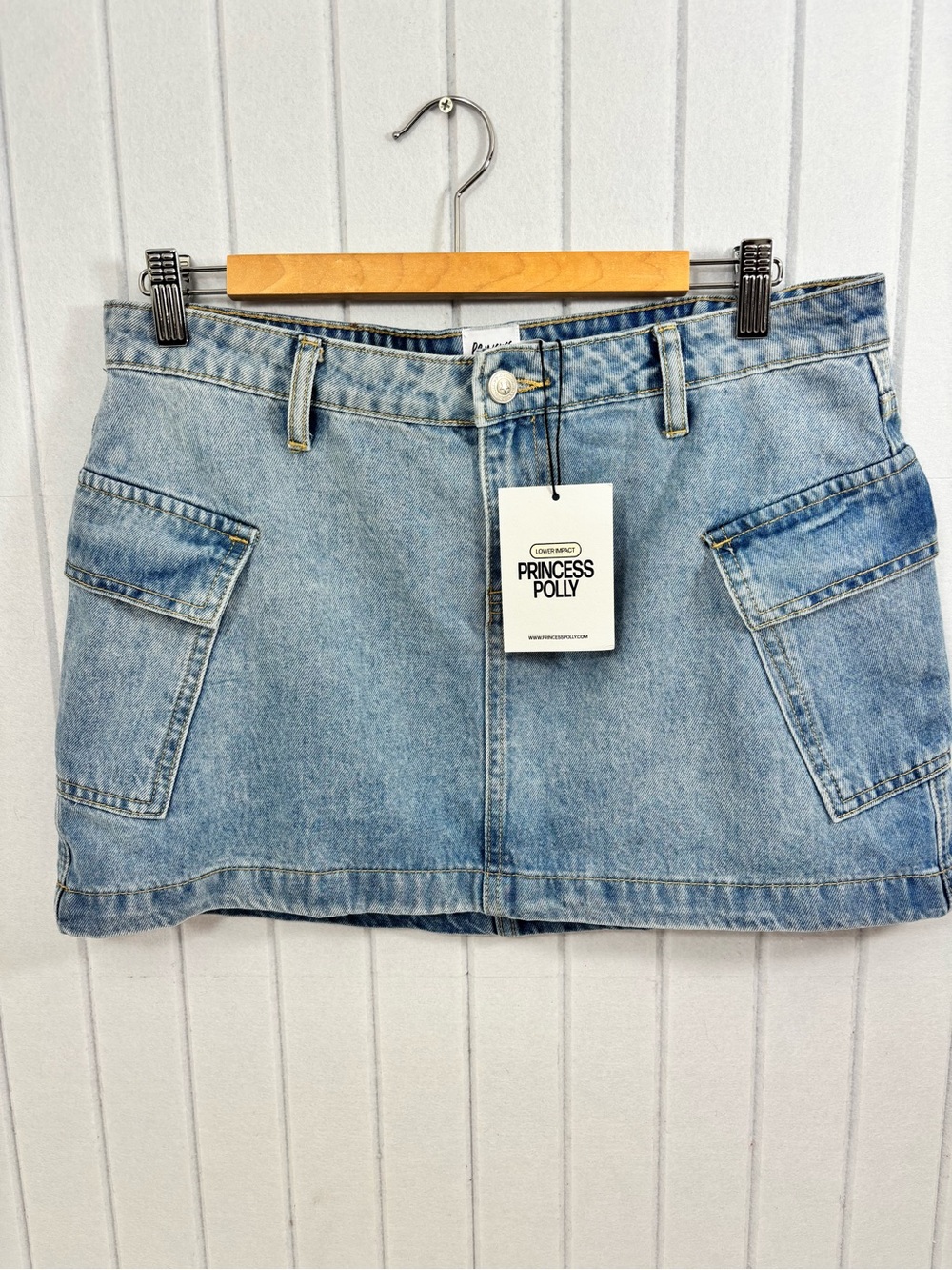 Princess Polly Zakai Cargo Denim Mini Skirt Ice Blue Size 8US NEW